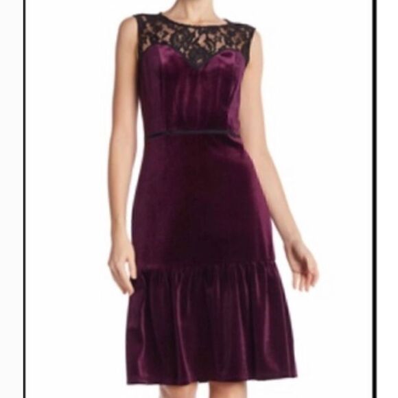 NANETTE lepore Purple Velour Sweetheart Illusion Lace Yoke Sleeveless Dress - Picture 1 of 10